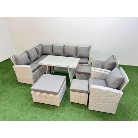 Fimous Garden Outdoor Rattan Furniture Set Rattan Corner Sofa Oblong Dining Table with 2 Armchairs 3 Footstools Light Grey Mixed 11 Seater (1/4)