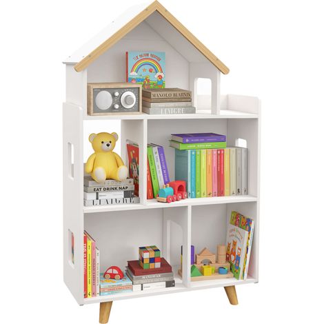Scaffale portaoggetti per giocattoli e libri per bambini a forma di casetta, 3 ripiani, 65 x 25 x 108,5 cm, bianco e naturale
