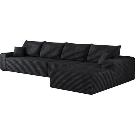 Canapé d'angle modulaire 340 cm en velours côtelé noir avec chaise longue, sans montage (1/5)