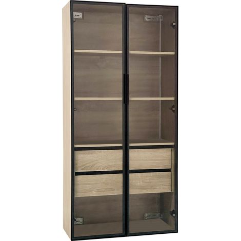 Mobile bagno alto in MDF naturale 74 x 36 x 155 cm con LED, 2 cassetti e 2 ante in vetro satinato (1/5)