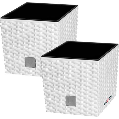 KOTARBAU® Kotarbau® Pot de Fleur Exterieur 17 x 17 cm - avec Insert Intérieur Lot de 2 - Pot Plastique Plante 4 L - Pot de Fleur Carré - Aspect Rotin - Blanc (1/5)