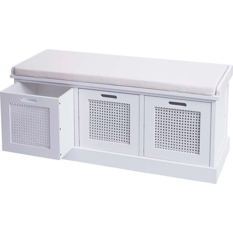 Banco banco de madera de paulownia blanca y MDF con cojín blanco y cajas de almacenaje 47x110x40cm BAN04052