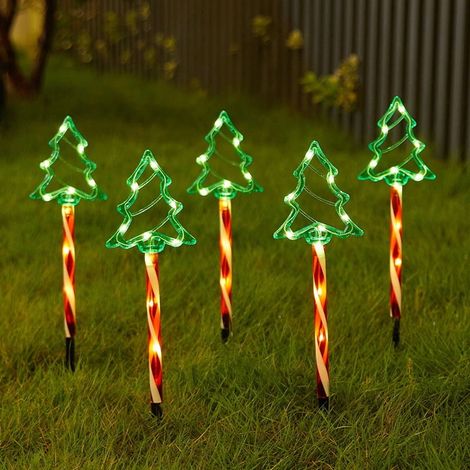 Lampes Solaire Chemin Noël - Figurines Piquets Sapin Renne Père Noël - 8 Modes Éclairage Extérieur Étanche - Jardin Terrasse Cour - Lot de 5 (1/5)