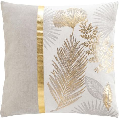 Housse de coussin beige, feuilles dorées, 45 x 45 cm (1/3)