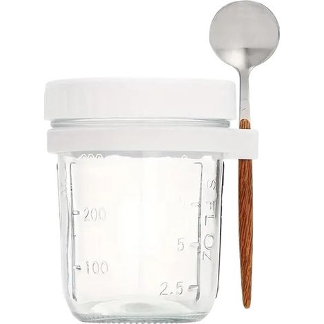Isolierter 350-ml-Becher für Overnight Oats, mit Glasdeckel und Löffel, für Frühstück, Müsli, Milch, Salat oder Naturjoghurt. Küchenutensil.