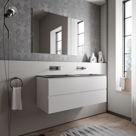 BERNSTEIN - Grand meuble vasque de salle de bain MDF Blanc mat avec lavabo fonte minérale Noir mat - 120x45,6x50cm - AVA CREAM - Blanc mat, Noir mat sans trou pour robinetterie