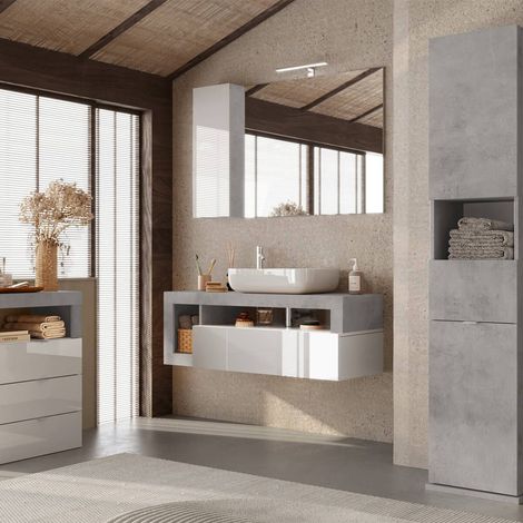 Ensemble meuble vasque suspendu 110cm + rangements blanc et aspect béton - ARTURO (1/5)