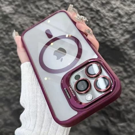 (iPhone 11, Bordeaux) Étui de téléphone magnétique antichoc pour iPhone avec support et protection d'objectif en verre.