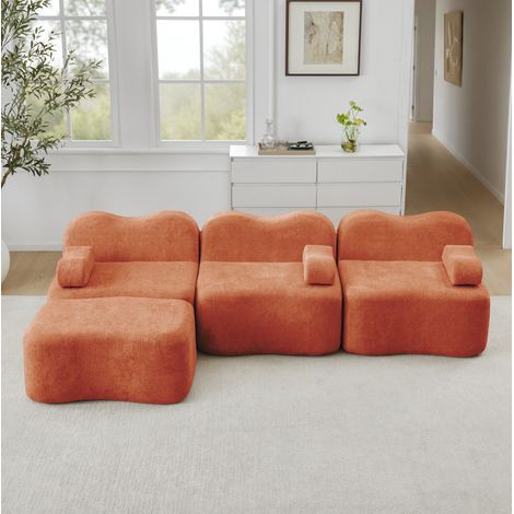 Canapé d'angle modulable 3 places avec ottomane en velours orange 32D (1/5)