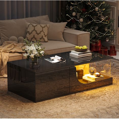Tavolino da caffè MDF nero lucido 100 x 50 x 30 cm con 2 cassetti, vetro temperato e LED USB (1/5)