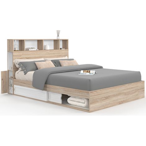 Idmarket – Lit double avec rangements 140 x 190 cm – Tête de lit tendance – 20 lattes pour soutien optimal – Effet bois et blanc