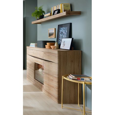 Wohnmöbel Set Sideboard mit Beleuchtung und Wandboard SANFORD-129 in Eiche hell Nb., B/H/T: ca. 150/170/40 cm (1/5)