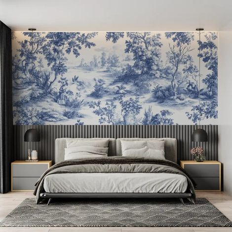 Papier peint vintage toile de jouy bleue 1 - 150 x 250 cm (1/2)