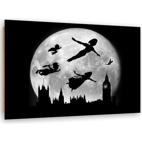 Tableau bois Peter Pan silhouettes sur fond de Lune - 70 x 50 cm (1/5)