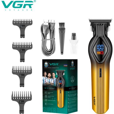 Tondeuse à cheveux électrique (dorée) avec écran numérique LCD et gravure pour une utilisation spéciale sur les cheveux couleur saumon. (1/4)