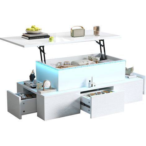 ELVMI Höhenverstellbarer Couchtisch mit 4 Schubladen, Stauraum, LED und USB, Wohnzimmer, MDF Weiß, 100 x 50 x 40 cm (1/5)
