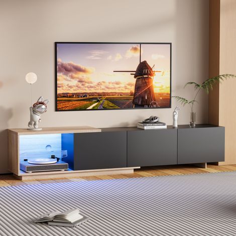 Meuble TV Noir avec Éclairage LED à Capteur, avec 3 Tiroirs et Rangement Ouvert, Bas de Télévision Moderne en Blanc et Style Bois, 180 x 50 x 38 cm