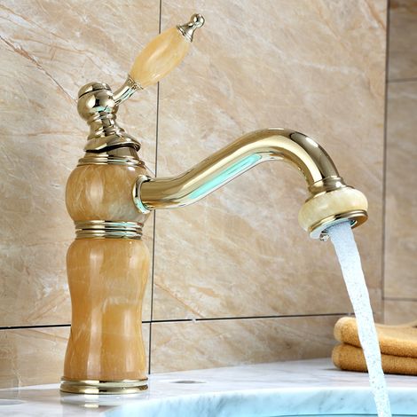 Robinet de lavabo en jade plaqué or zirconium pour salle de bain, eau chaude et froide, comptoir en laiton, tuyau d'arrivée d'eau non inclus. (1/4)