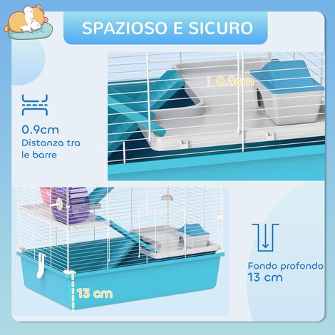 Cage rongeur 6 niveaux bleue avec tunnel, roue d'exercice, rampes, cabane, abreuvoir et bol. (1/5)