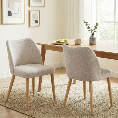 Ensemble de 2 chaises de salle à manger en tissu effet lin et bois de caoutchouc, assise rembourrée, dossier incurvé, crème (1/5)
