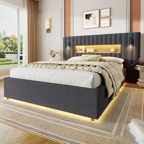 Bett 140/200 cm dunkelgrau mit hydraulischem Bettkasten, Leselampen und USB (1/5)