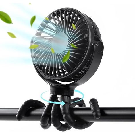 Handventilator – 360° drehbar – 5000 mAh – Mini-Kinderwagenventilator – Wiederaufladbarer tragbarer Ventilator – Kabelloser Tischventilator – 3 Modi – Mini-Ventilator – Oktopus-Handventilator – Schwar
