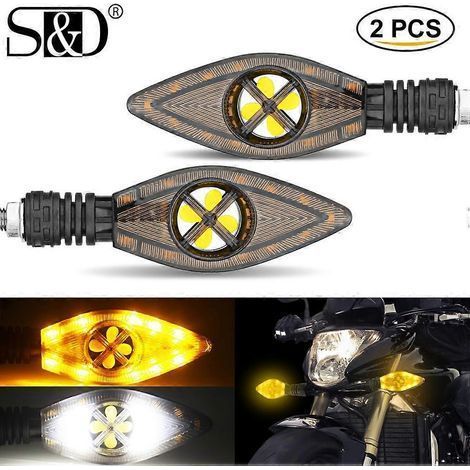 Lot de 2 clignotants LED pour moto, feux de jour, feux stop bicolores avec ventilateur de refroidissement, blanc et jaune, 12 V