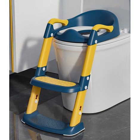 Réducteur WC Enfant Avec Marche - 1 Unité - PP Et TPE - Pliable Et Réglable - Pour Toilettes Rondes - Bleu Et Jaune (1/5)