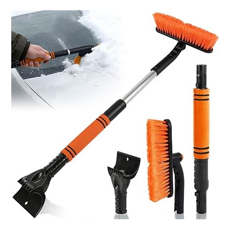 2-in-1 Orange Extendable Snow Brush and Ice Scraper and Snow Brush Car with Foam Handle and Rotation Brushes for Cars SUV Truck Windshield (1/5)