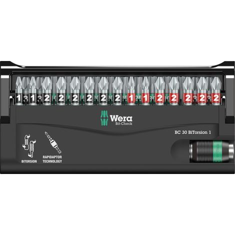 Wera – Jeu d'embouts 30 pièces 5057430001 – Embouts BiTorsion pour vis Pozidriv et Phillips – Acier extra-rigide – Longueur 25mm (1/5)