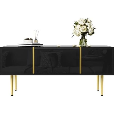 Table basse salon, design noir laqué, rangement intégré, surface facile d'entretien, finitions or (1/5)