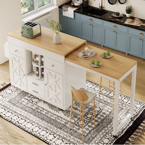 Bartisch 110-180x40x91 cm weiß MDF mit ausziehbarer Tischplatte, Rollen, drehbarem Organizer und verstellbaren Ablagen (1/5)