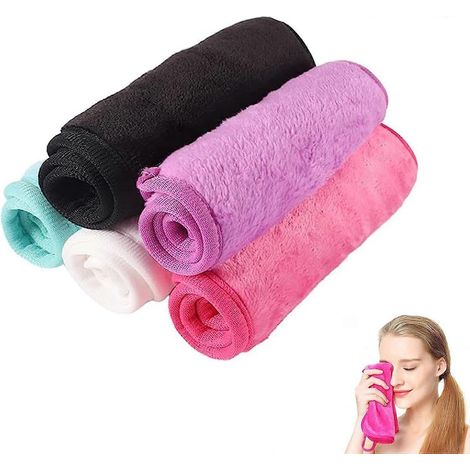 Lot de 5 gants de toilette réutilisables en microfibre, adaptés aux peaux sensibles. Lavables en 5 couleurs (noir + violet). (1/5)
