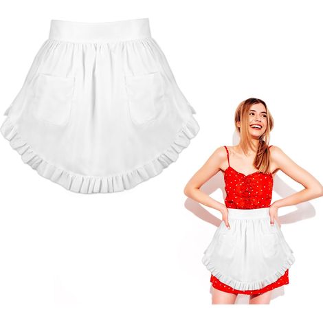 Tablier de taille avec poches - Blanc - Vintage - À volants - Demi-tablier rétro - Costume de serveuse pour cuisine, pâtisserie, nettoyage, restaurant, café, bistrot (1/5)