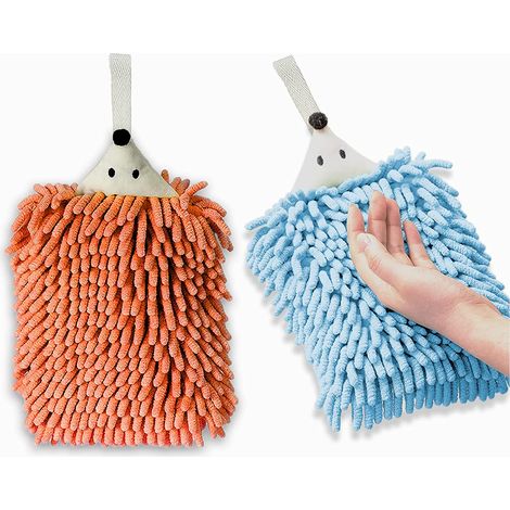 Serviettes en chenille pour la salle de bain, la cuisine et la chambre Serviette suspendue avec boucle à bouton Lot de 2 serviettes hérisson amusantes