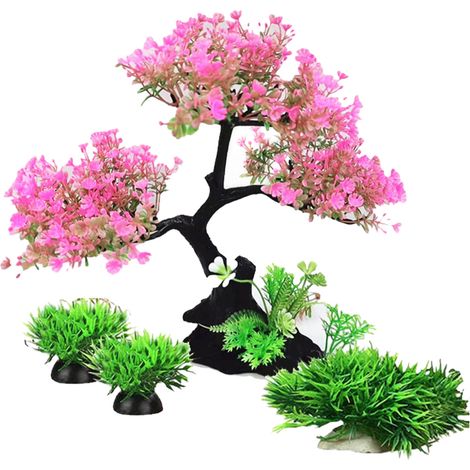 Decorazione per acquario con piante artificiali in plastica, set di decorazioni con alberi ed erba, accessori per nascondigli per acquario