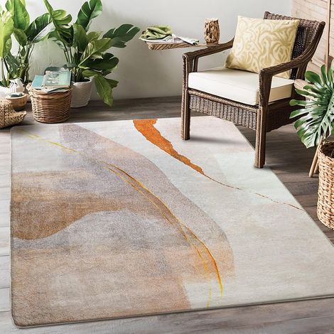 Tapis Salon à Poils Courts Antidérapant - Tapis de Chambre Moderne Abstrait,Super Doux Decoration Maison Grand Interieur Moquette,Brun/Or,120x160cm (1/5)