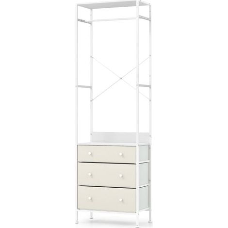 Penderie de rangement autoportante blanche cadre métal renforcé, tringle à vêtements 3 positions, 3 tiroirs tissu pliables dont 1 compartimenté, étagères haut/milieu kit anti-basculement entrée chambr (1/5)