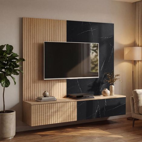 Ensemble Meuble TV "Kip I" 160cm Noir & Naturel (1/4)