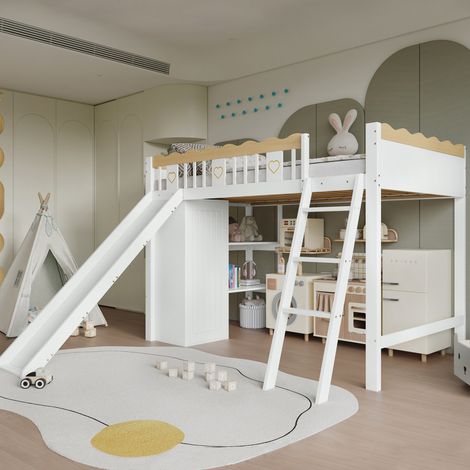 Bett Hochbett Kinder mit Rutsche, Kleiderschrank und Ablageschrank, Massivholz+MDF Weiß/Natur 90x200 cm (1/5)