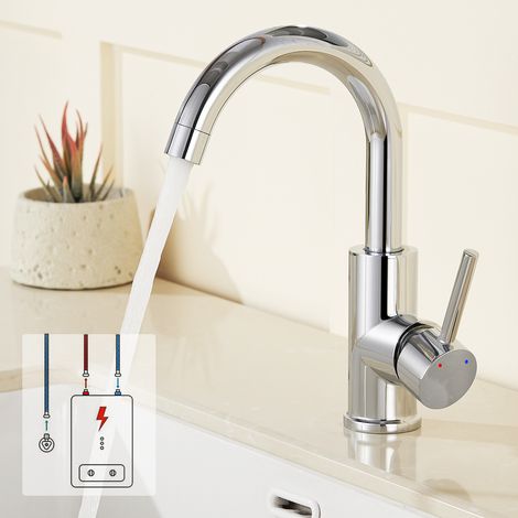 Niederdruck Wasserhahn Bad, 360° drehbare Waschtischarmatur Bad, Waschbecken Armatur mit hohem Auslauf, Mischbatterie für Badezimmer, Chrom (1/5)
