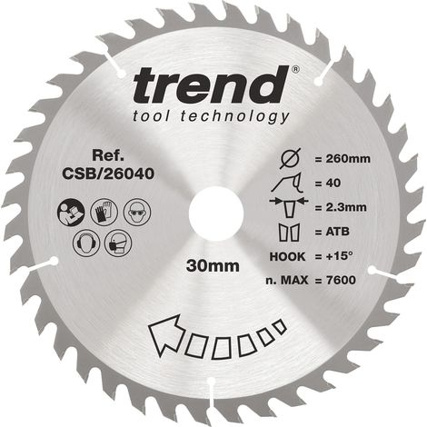 Lame circulaire 260 mm, 30 mm alésage, 40 dents TCT, finition moyenne (1/5)