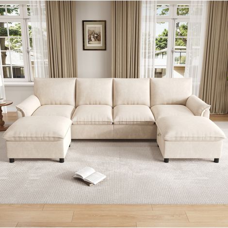 Canapé d'angle modulable U 264,5x142,5x84 cm en chenille beige, avec rangement pour salon FloraGrace (1/5)