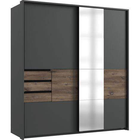 Armoire, meuble de rangement coloris graphite/rechampis imitation chêne - Longueur 180 x Hauteur 198 x Profondeur 65 cm -PEGANE- (1/3)