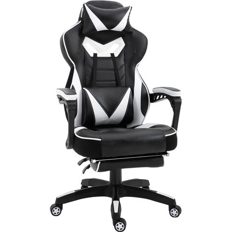 Siège de jeu ergonomique chaise de bureau réglable en altitude dossier inclinable avec Reposapiés Reposacabezas Cojín lombaire Ruedas 65x70x118,5-128,5 cm blanc (1/5)