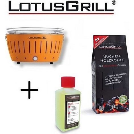 Barbecue Arancio XL con Batterie e Cavo di Alimentazione USB + 1Kg di Carbonella di Faggio + Gel Combustibile Inodore per Barbecue 200ml -Lotus Grill (1/3)