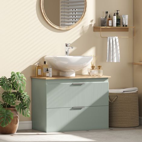 Meuble Sous Lavabo Salle de Bain  2 Tiroirs  Style Moderne  80x40x60 cm  Vert + Bois Naturel