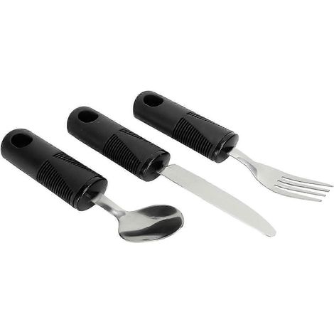 Ensemble de couverts 3 pièces, cuillère et fourchette en acier inoxydable avec large manche en caoutchouc, qualité supérieure. (1/5)