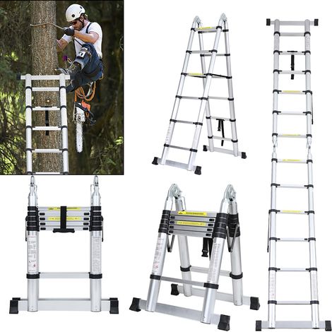 Randaco Teleskopleiter Ausziehleiter Klappleiter Stabil Aluminium Stehleiter bis 150kg 1,9m+1,9m Silber ohne haken Mit Stabilisator - Silber (1/5)