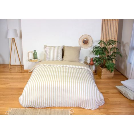 Parure housse de couette BELIL 240x260cm – 3 pièces – Rayures – 100% polyester - 240x260cm - Beige